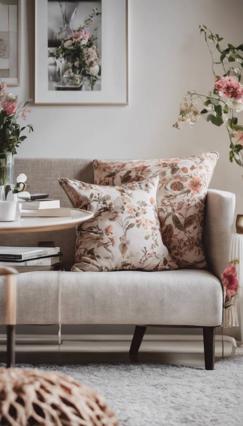 An elegant Scandinavian living room dominated by floral motifs in cushions and artwork.