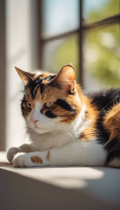 Eine junge dreifarbige Katze döst auf einem sonnigen Fensterbrett.