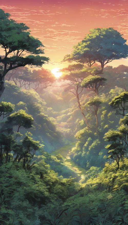 Ein nebliger Anime-Wald im Stil von Kyoshiro bis Towa-no-Sora während eines magischen Sonnenuntergangs in der Dämmerung.