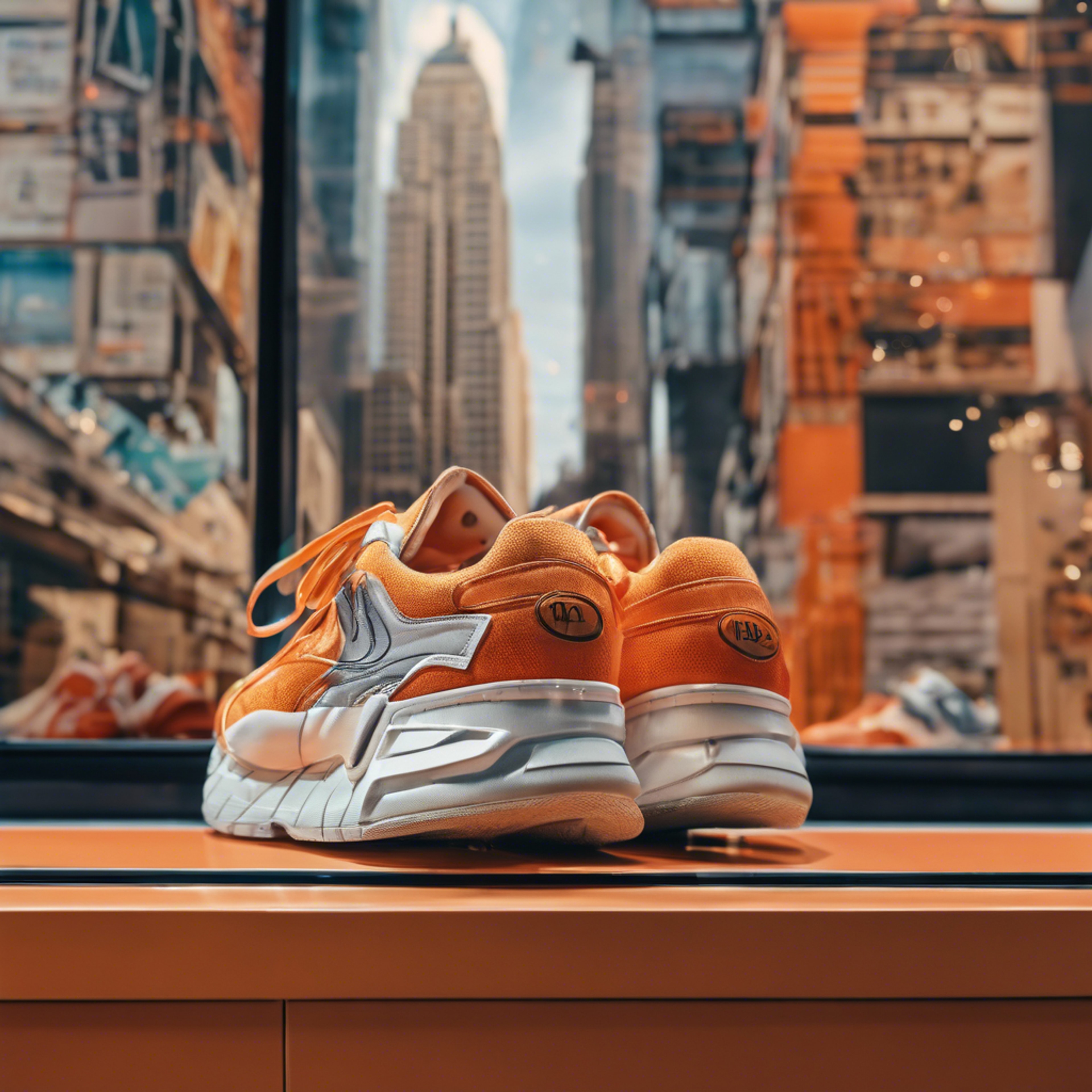 Orange Y2K-inspired sneakers displayed in a shoe store window with a retro cityscape backdrop. Tapet[c42ef01953ac4184b365]
