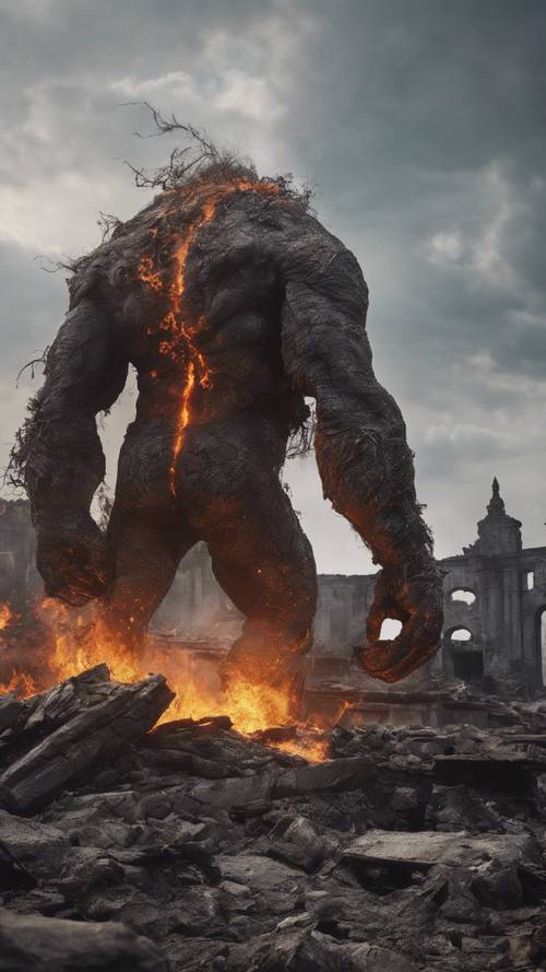 Seekor monster raksasa yang terbuat dari asap dan bara api, muncul dari reruntuhan kota yang dulunya megah.