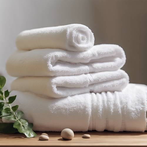 Una pila di asciugamani bianchi cremosi in un ambiente termale.