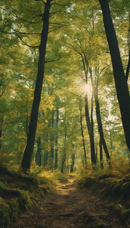 Una foresta in cui il colore delle foglie passa dal verde intenso al verde chiaro, passando dall&#39;estate all&#39;autunno.