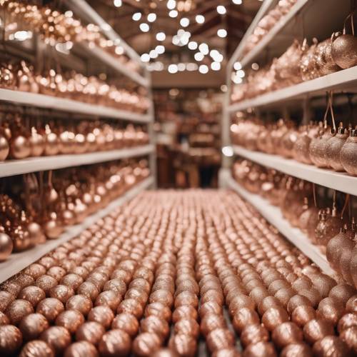 Un pasillo de una tienda navideña lleno de filas de brillantes adornos de oro rosa.