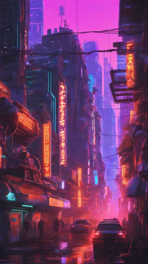 Uma cidade cyberpunk banhada por luzes neon laranja.
