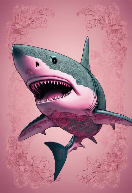 A detailed illustration of a pink shark with intricate tattoo-like patterns on its body.