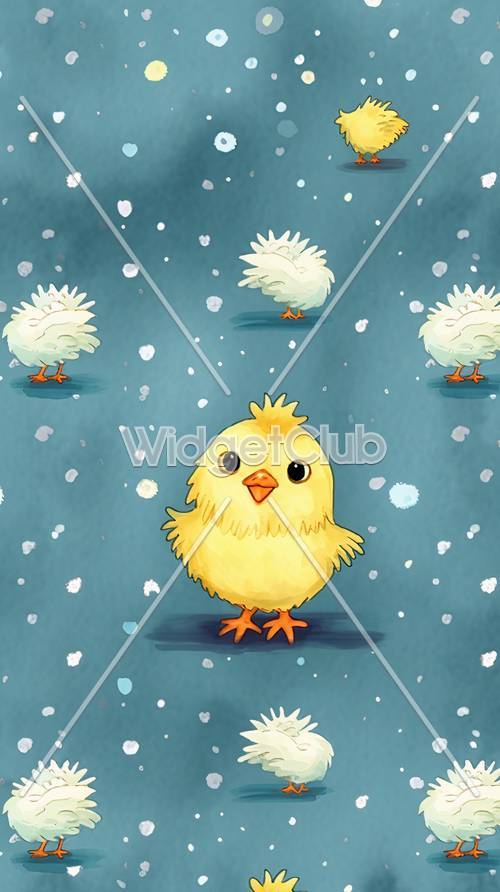Lindo pollito rodeado de copos de nieve