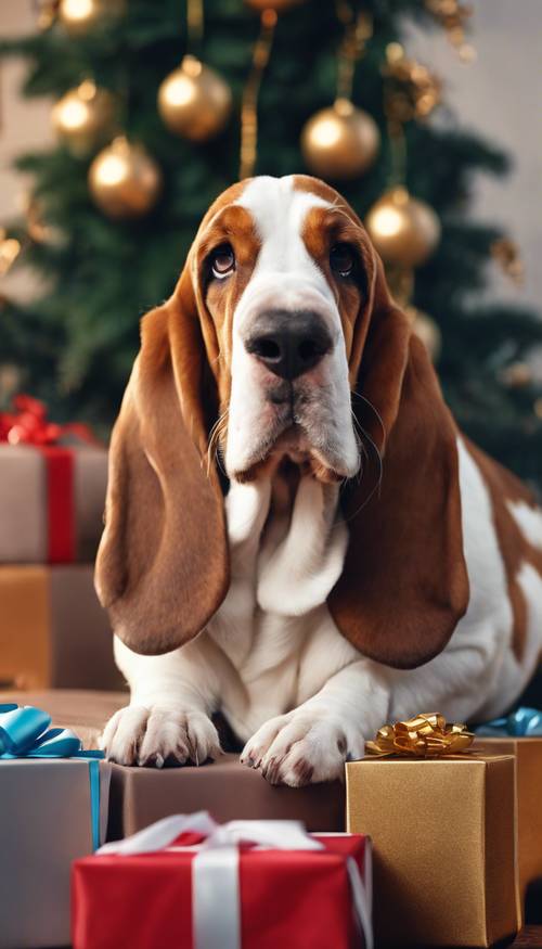 Um charmoso basset hound com um laço de Ano Novo sentado perto de uma pilha de caixas de presentes.