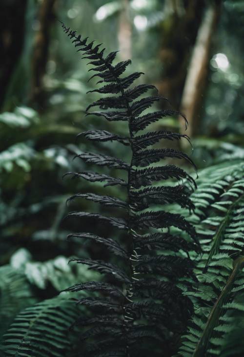 Uma estranha samambaia preta desenrolando suas folhas em uma floresta tropical.
