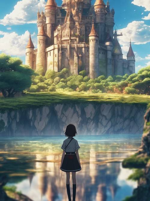 Scena z anime fantasy, przedstawiająca młodego bohatera stojącego na skraju pływającej wyspy z wielkim zamkiem w tle.