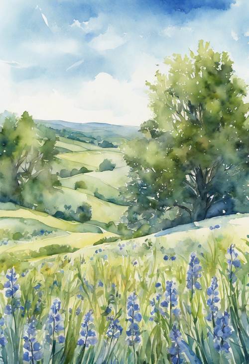 A picturesque watercolor illustration of a country meadow filled with bluebells under a clear blue sky.