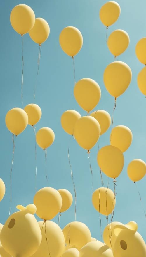 Un gruppo di palloncini gialli a forma di anatra che galleggiano contro un cielo blu pastello.