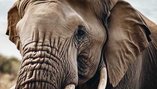 An intimate close-up of an elephant's face, highlighting the intricate network of lines and wrinkles on his skin.