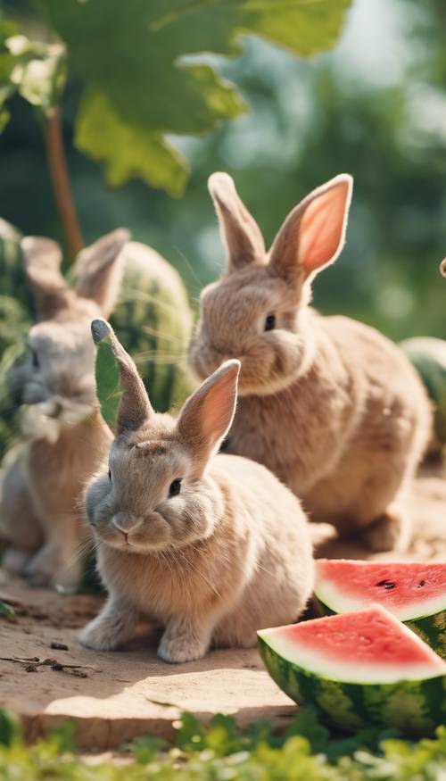 Cute little bunnies nibbling on juicy watermelons on a bright sunny day in the middle of summer.