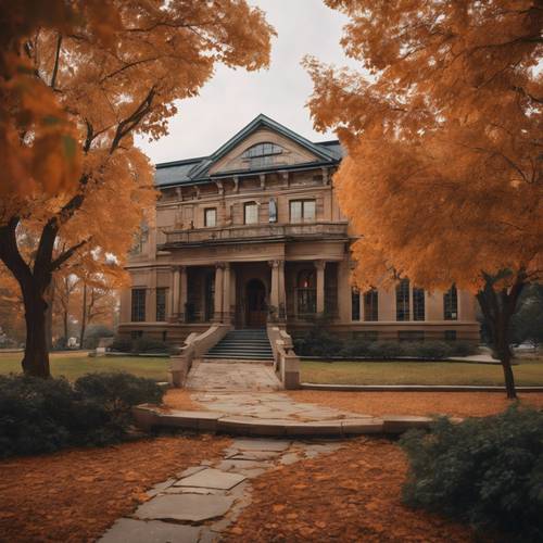 Potret pemandangan perpustakaan di hari musim gugur yang nyaman, lengkap dengan dedaunan subur dan warna-warna hangat.
