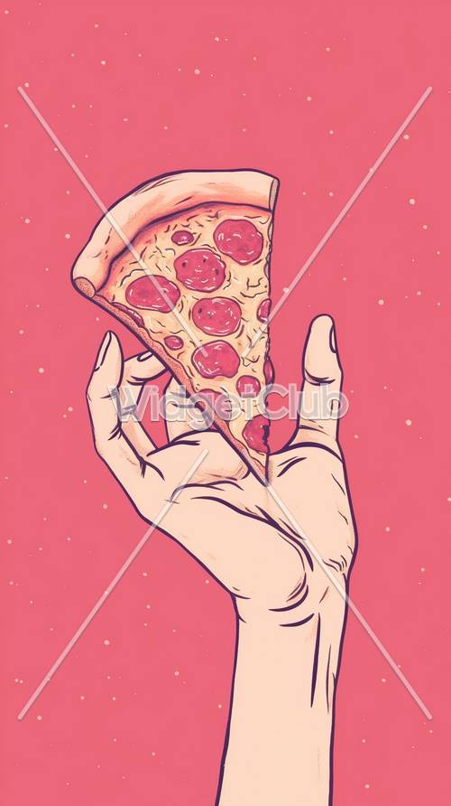شريحة بيتزا بيبروني ممسوكة باليد على خلفية وردية