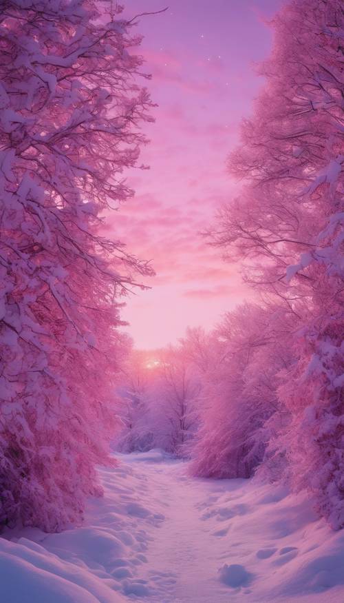 Un paysage de neige serein sous un ciel crépusculaire aux teintes roses et violettes.