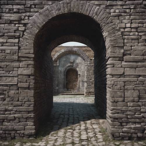 An ancient archway constructed out of weathered dark gray bricks.