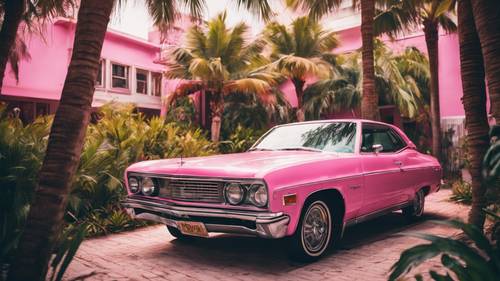 Un auto antiguo de color rosa neón entre palmeras en Miami