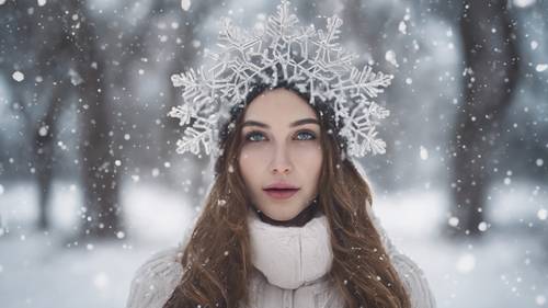 Une déesse des neiges dans un paysage hivernal serein, tissant la citation « La joie est le meilleur maquillage » à partir des flocons de neige qui tombent.