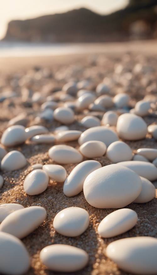 Eine Handvoll glatter weißer Kieselsteine, die bei Sonnenaufgang über einen Strand verstreut sind.