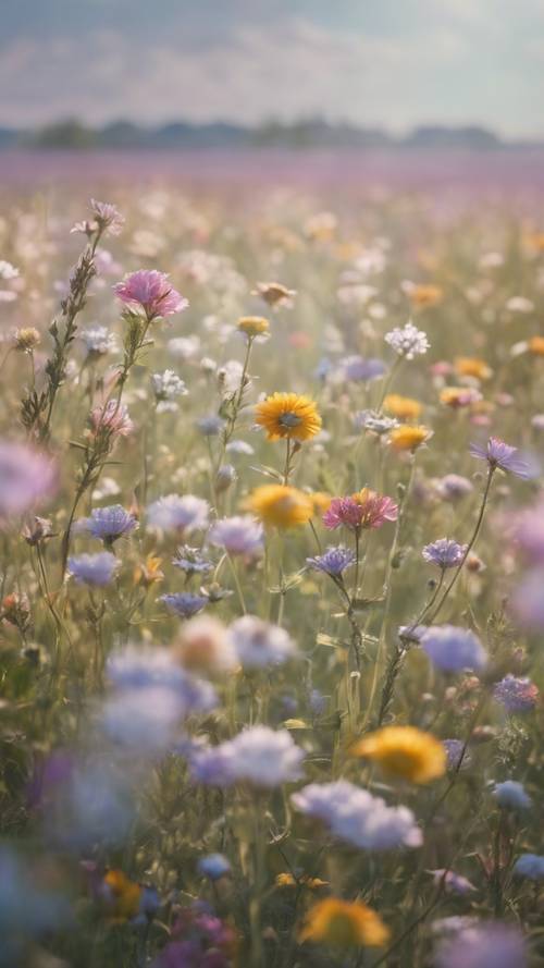 A field of wildflowers, painted in soft pastel hues. Ფონი [7f4ad2f9cd7247f4b1fa]