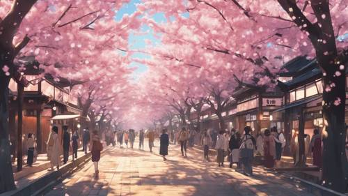 Una interpretación anime de un bullicioso festival japonés de los cerezos en flor en pleno apogeo.