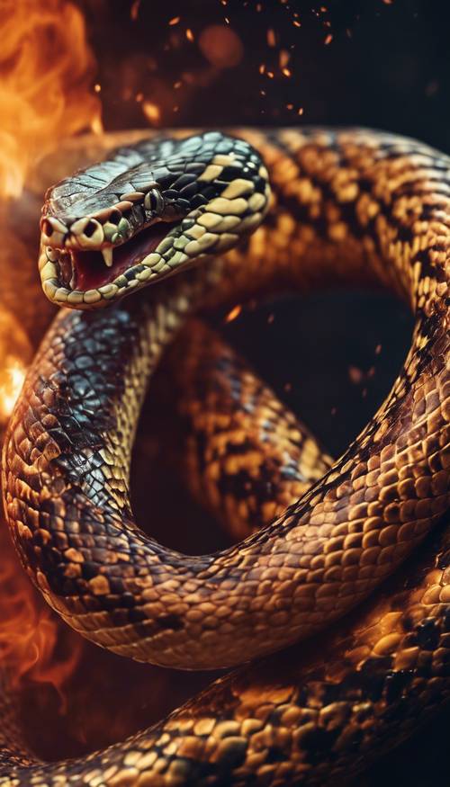 Uma cena fantástica retratando uma cobra cuspindo fogo, com suas escamas brilhando com calor e luz.