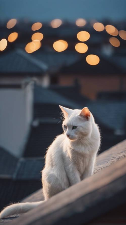 月明かりに照らされた美しい白い猫たちが屋根の上で静かに歩く壁紙