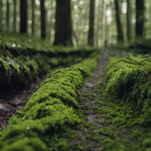 Musgo verde oscuro que prospera a lo largo de un sendero forestal húmedo y sombreado.