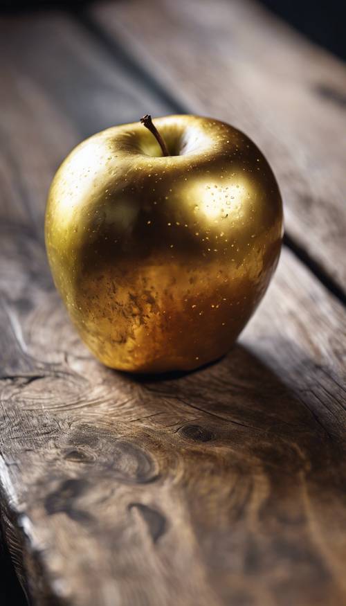 A golden apple with a striking sheen, resting on a rustic wooden table.