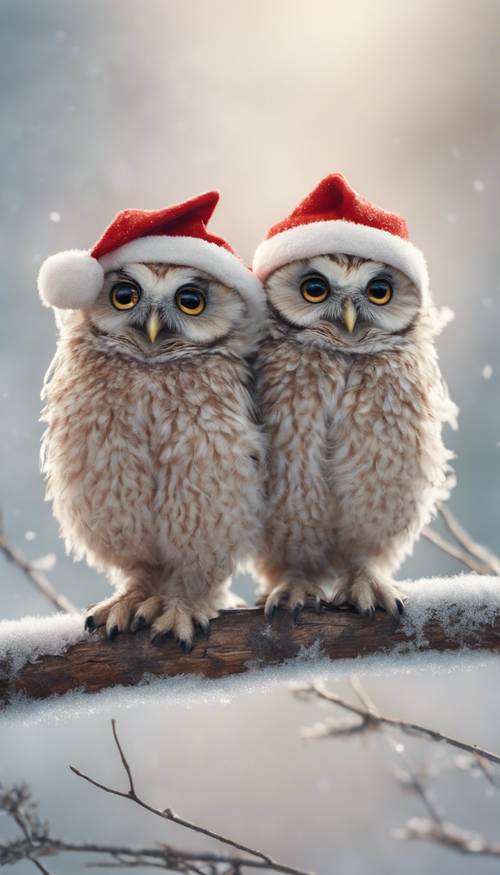 A pair of cute baby owls perched on a frosty branch, peeking out from Santa hats.