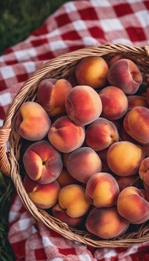 A basket of freshly picked peaches on a red-checked picnic blanket.