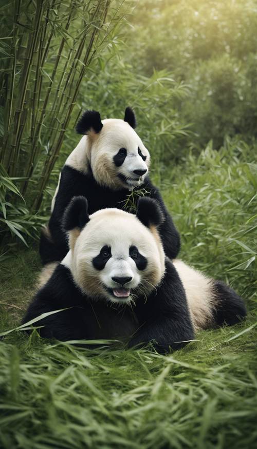 Un orso panda adulto, masticando pigramente bambù, seduto su una collinetta erbosa ai margini di una foresta.