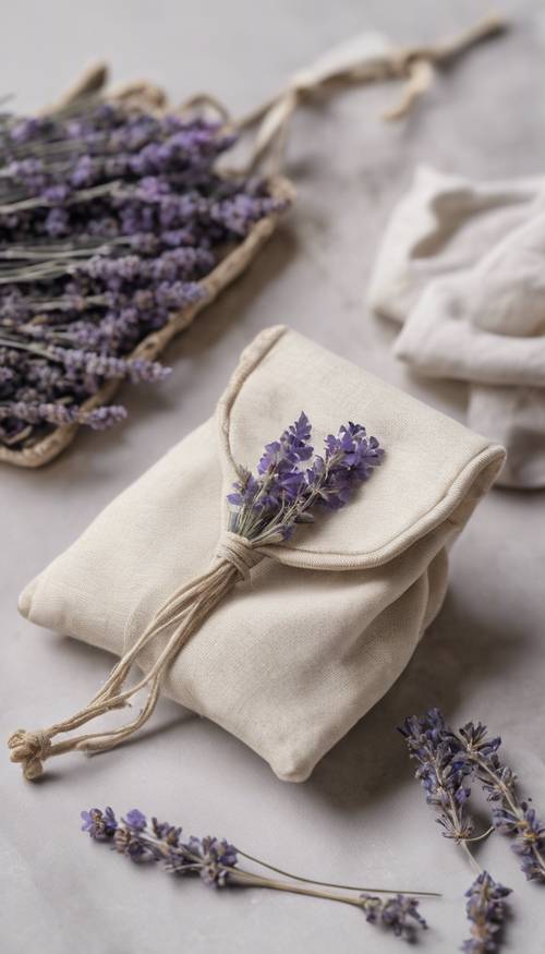 Kantong kecil mungil yang terbuat dari linen putih bersih, berisi bunga lavender kering.