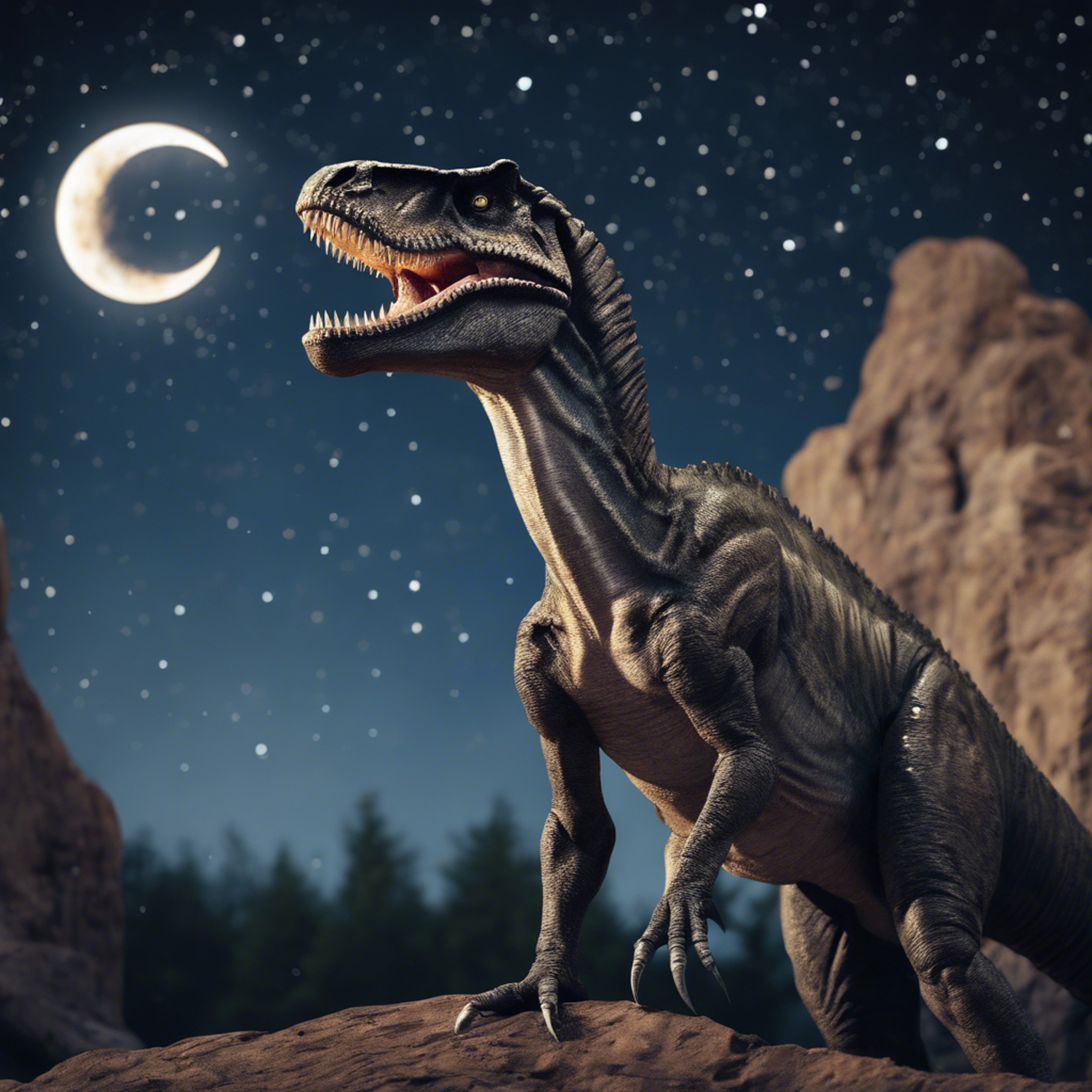 An Allosaurus under the bright starry night sky, howling at the crescent moon delicately. 벽지[f8d2841798534275b963]