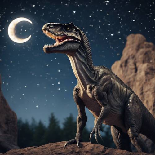 Ein Allosaurus unter dem hellen Sternenhimmel, der zart die Mondsichel anheult.