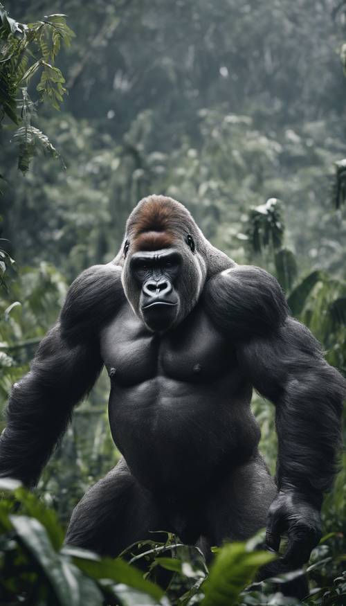Un imponente gorilla dalla schiena argentata che si erge maestoso sullo sfondo sinistro di una giungla tempestosa.