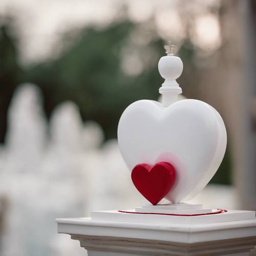 Un corazón blanco sentado sobre un pedestal con un corazón rojo flotando sobre él.