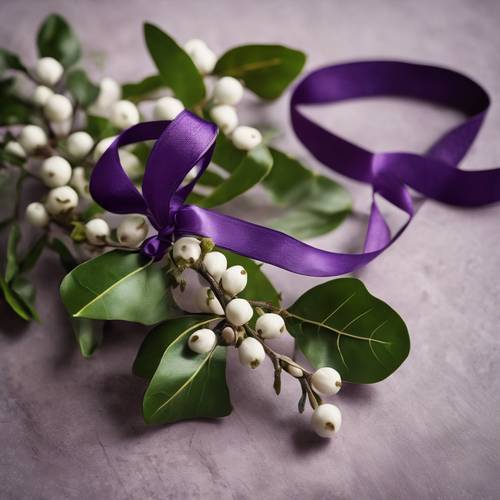 A detailed close-up of a purple ribbon tied around a sprig of mistletoe. Divar kağızı [e7b88138aae64b5ab4b5]