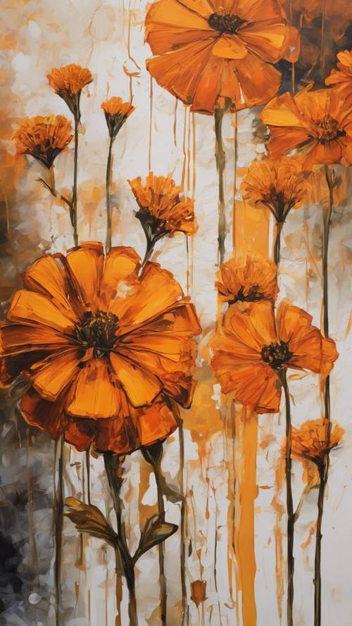 An abstract painting of marigold flowers in bold strokes of orange and gold.