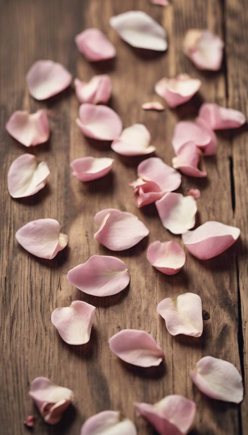 Beige rose petals scattered over a rustic, wooden table.