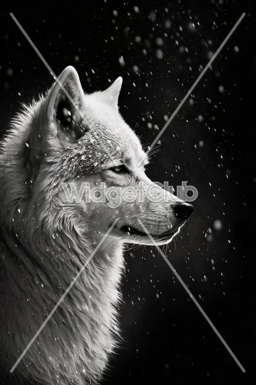 Loup blanc enneigé en noir et blanc