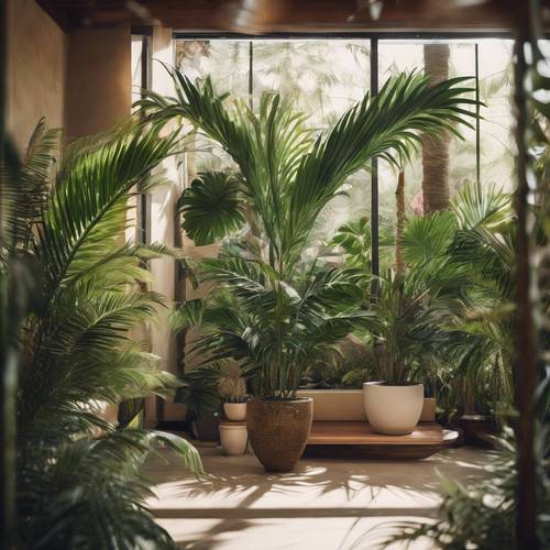 Projekt otwartego patio z kolekcją palm doniczkowych o dużych, bujnych liściach.