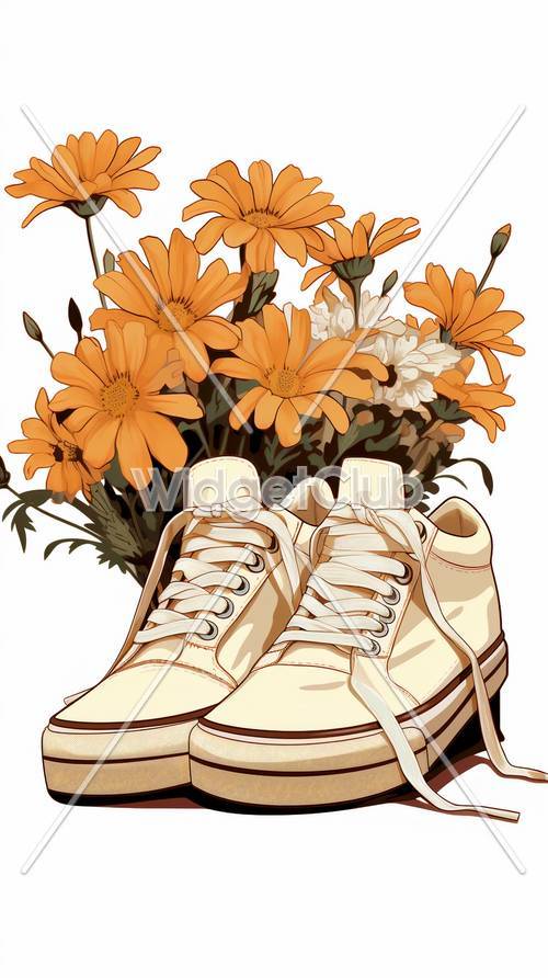 Arte de zapatillas y flores para tu pantalla
