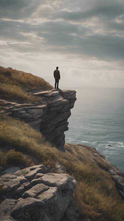 Uma cena pungente de uma figura solitária em pé em um penhasco com vista para o mar.