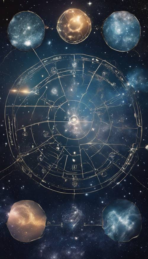 A serene cosmic landscape featuring each zodiac constellation placed accurately.