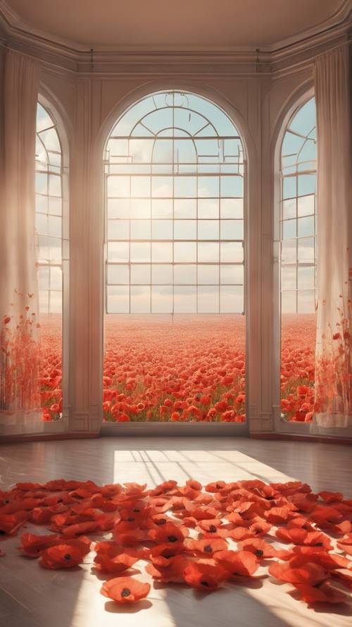 A concept art of a spacious sunlit room with poppy motifs on the wall.
