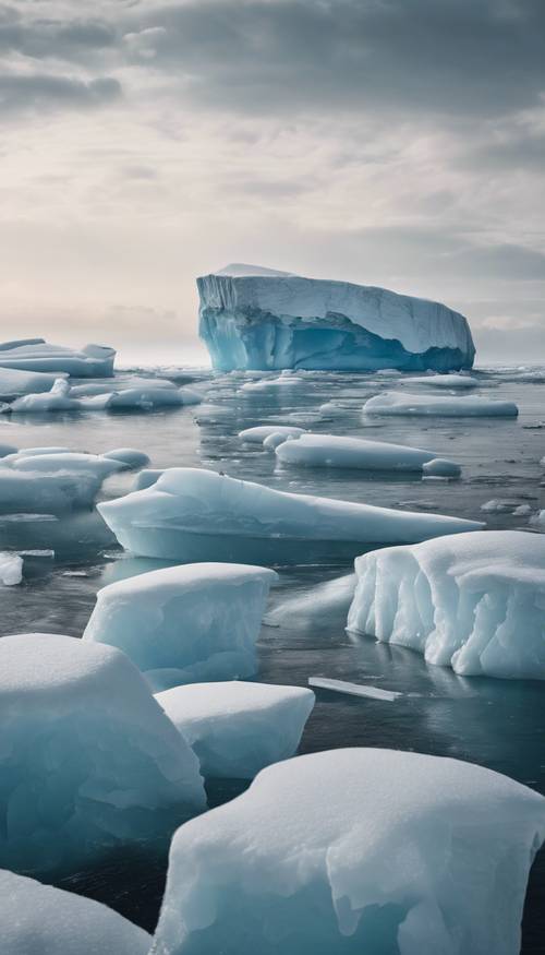 Una vista panoramica invernale del mare ghiacciato, con enormi iceberg sparsi tutt&#39;intorno.