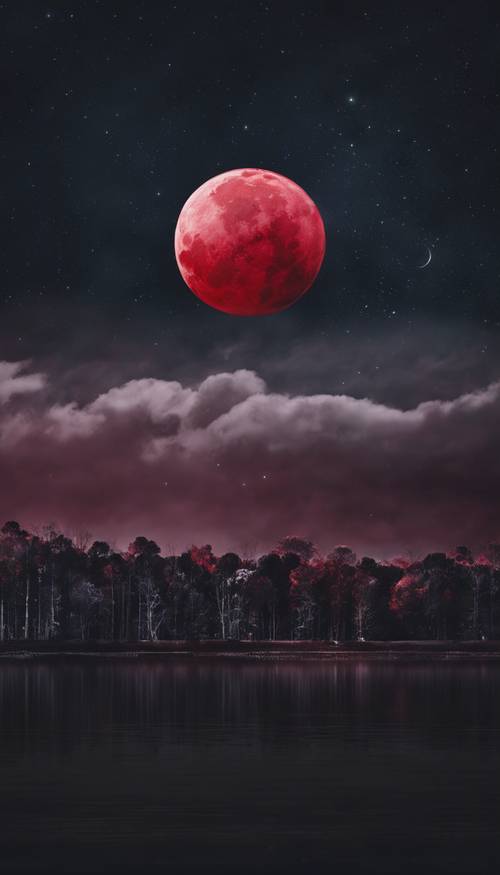 一轮红月照亮漆黑的夜空